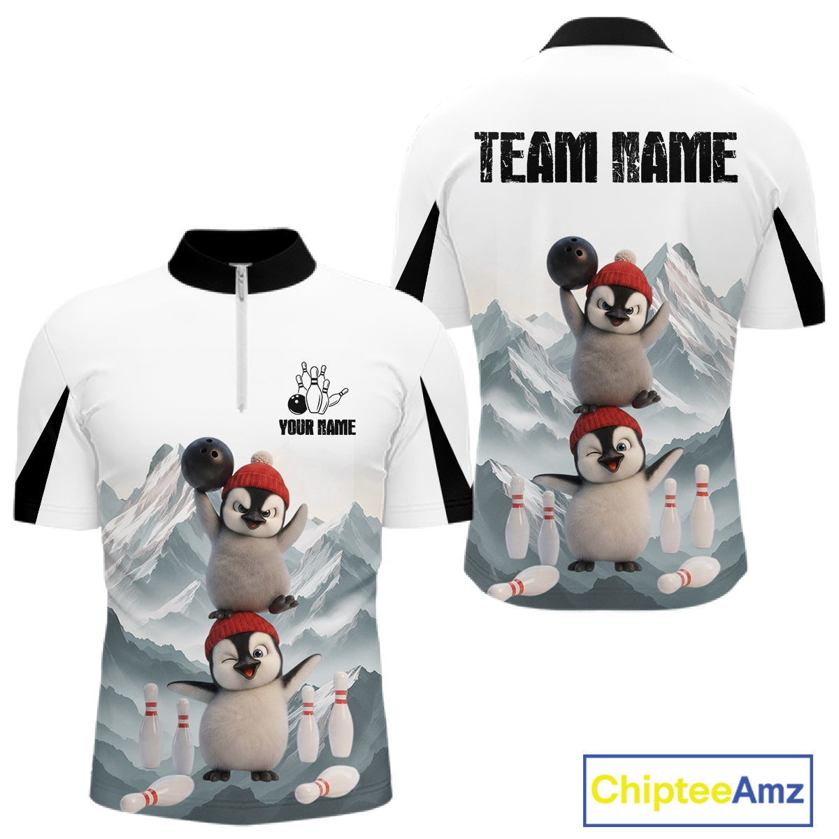 Funny Penguin Duo Men's Bowling Shirt Custom Name Iceberg Bowling Polo & Quarter-Zip Jersey NYN4168