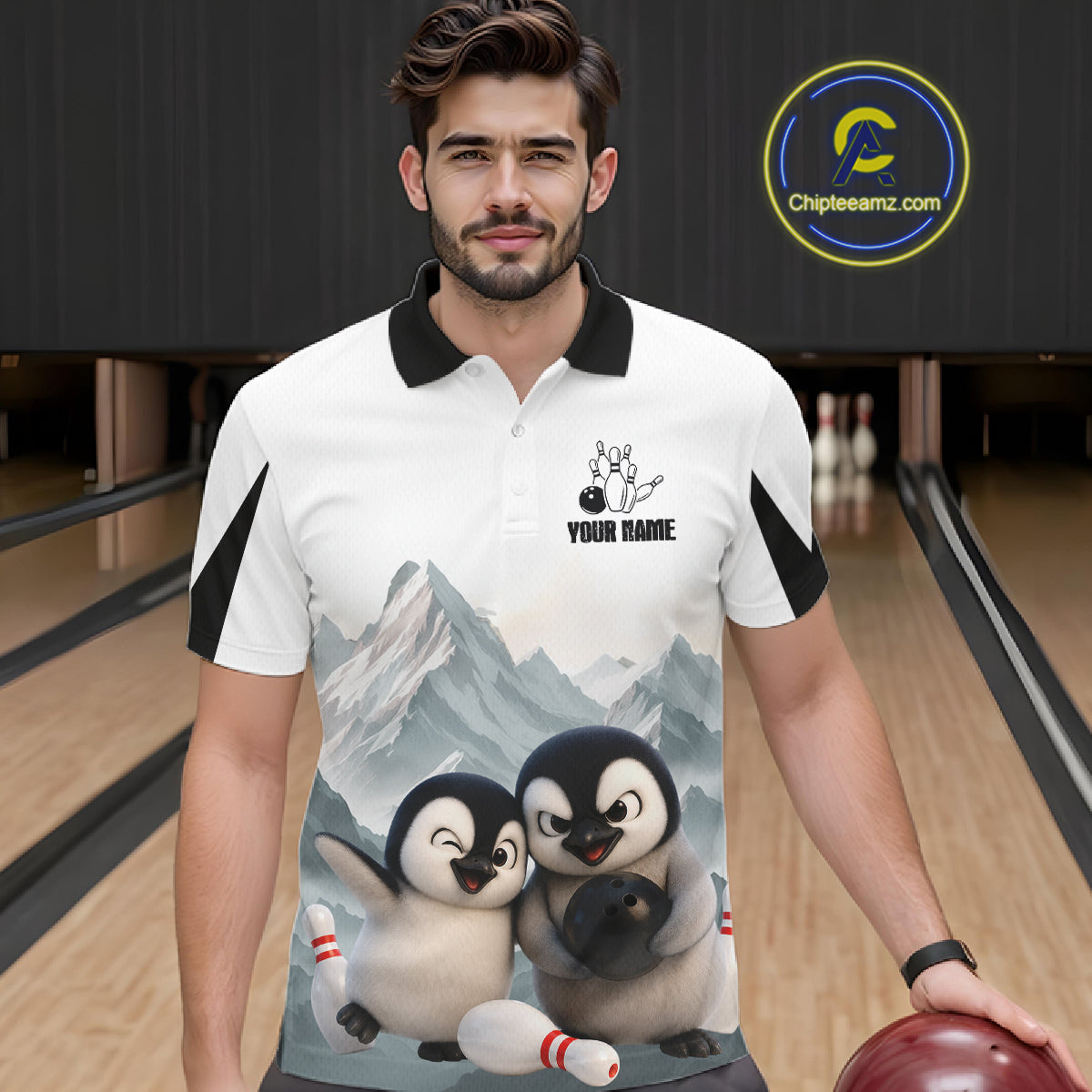 Funny Penguin Duo Men's Bowling Shirt Custom Name Penguin Bowling Team Attire Jersey NYN4169