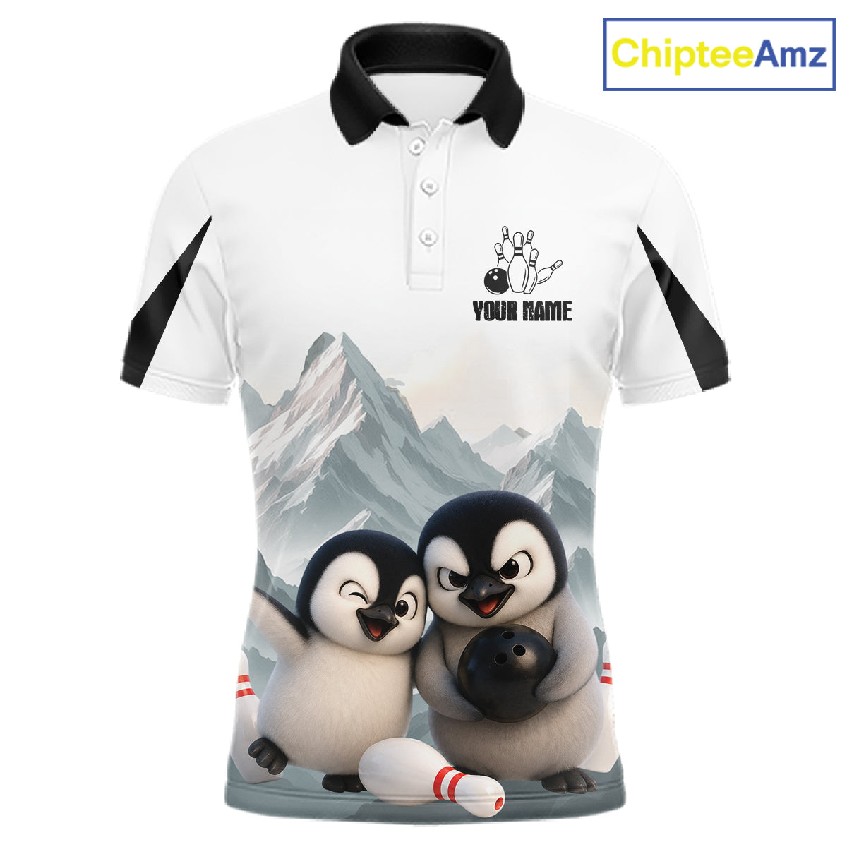 Funny Penguin Duo Men's Bowling Shirt Custom Name Penguin Bowling Team Attire Jersey NYN4169