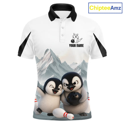 Funny Penguin Duo Men's Bowling Shirt Custom Name Penguin Bowling Team Attire Jersey NYN4169