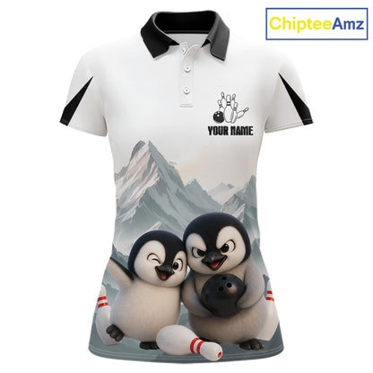Funny Penguin Duo Womens Bowling Shirt Custom Name Penguin Bowling Team Attire Jersey NYN4169
