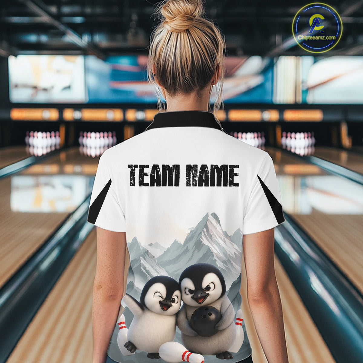 Funny Penguin Duo Womens Bowling Shirt Custom Name Penguin Bowling Team Attire Jersey NYN4169