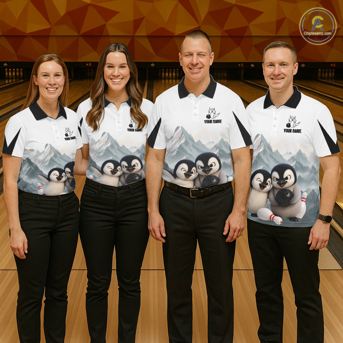 Funny Penguin Duo Men's Bowling Shirt Custom Name Penguin Bowling Team Attire Jersey NYN4169