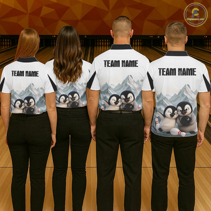 Funny Penguin Duo Men's Bowling Shirt Custom Name Penguin Bowling Team Attire Jersey NYN4169