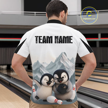 Funny Penguin Duo Men's Bowling Shirt Custom Name Penguin Bowling Team Attire Jersey NYN4169