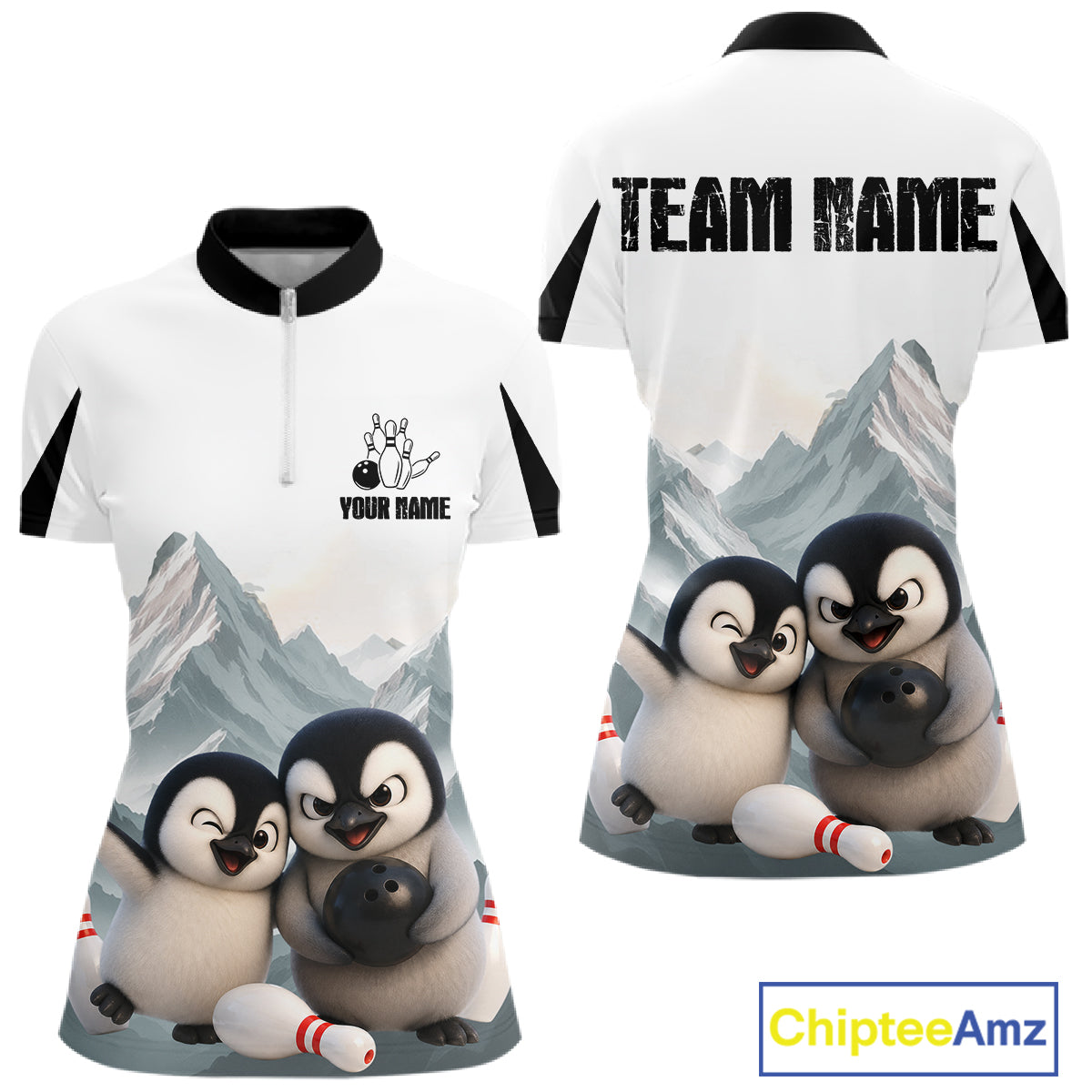 Funny Penguin Duo Womens Bowling Shirt Custom Name Penguin Bowling Team Attire Jersey NYN4169