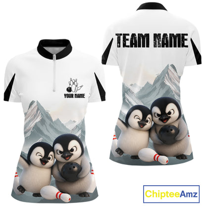 Funny Penguin Duo Womens Bowling Shirt Custom Name Penguin Bowling Team Attire Jersey NYN4169