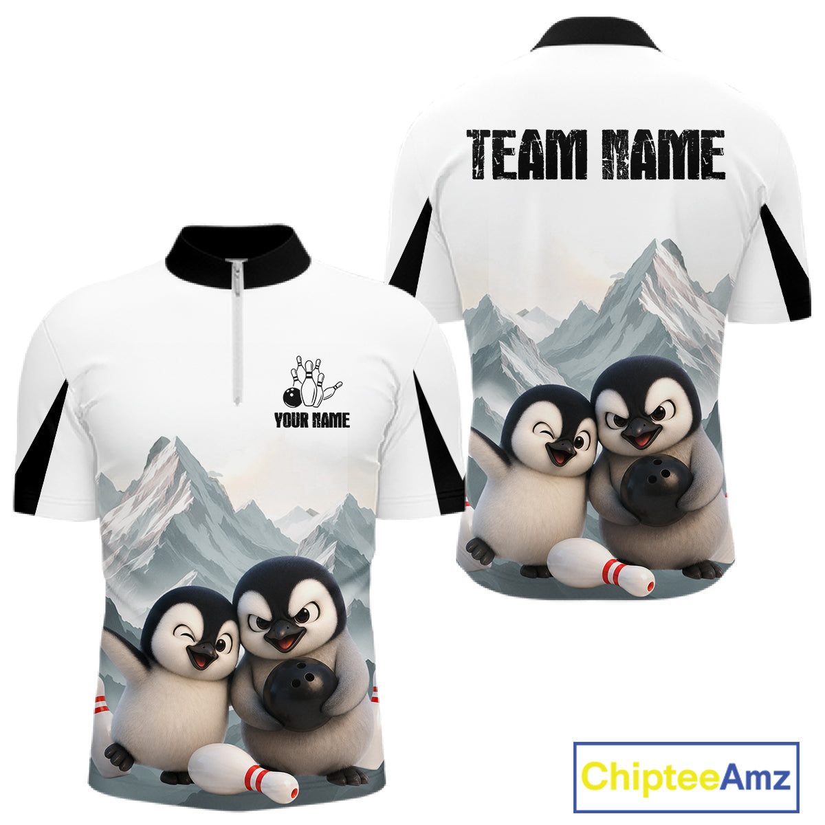 Funny Penguin Duo Men's Bowling Shirt Custom Name Penguin Bowling Team Attire Jersey NYN4169