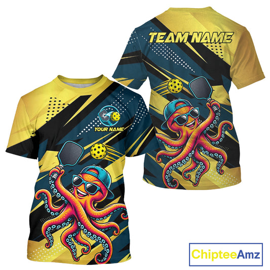 Personalized Yellow & Blue Funny Pickleball Shirt Men Custom Octopus Pickleball Team Jersey NYN4588