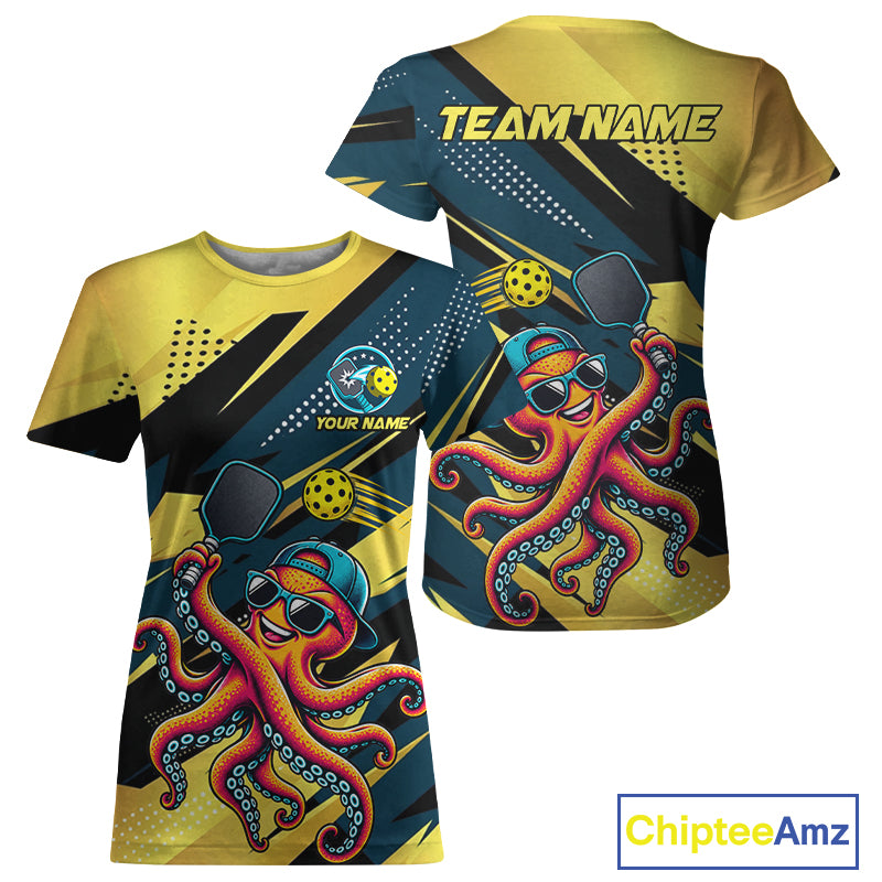 Personalized Yellow & Blue Funny Pickleball Shirt Women Custom Octopus Pickleball Team Jersey NYN4588