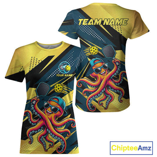 Personalized Yellow & Blue Funny Pickleball Shirt Women Custom Octopus Pickleball Team Jersey NYN4588