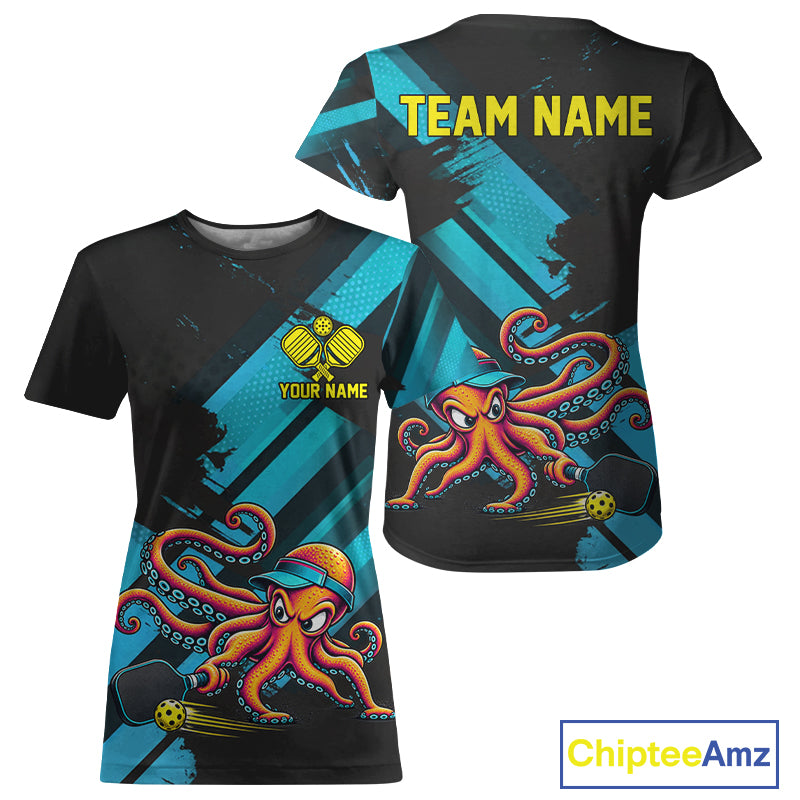 Personalized Blue Funny Pickleball Shirt Women Custom Angry Octopus Pickleball Team Jersey NYN4590