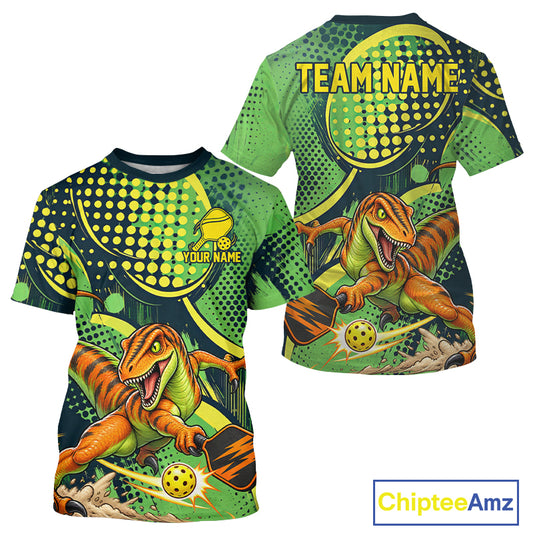 Funny Green Yellow Dinosaur Pickleball Shirt For Men Custom Dinosaur Pickleball Team Jersey NYN4591