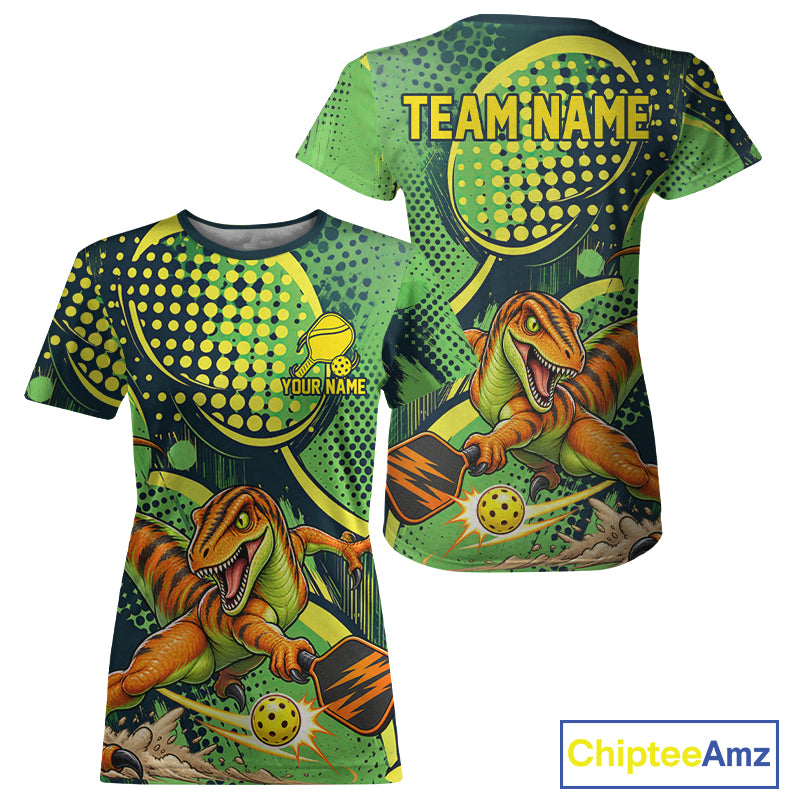 Funny Green Yellow Dinosaur Pickleball Shirt For Women Custom Dinosaur Pickleball Team Jersey NYN4591