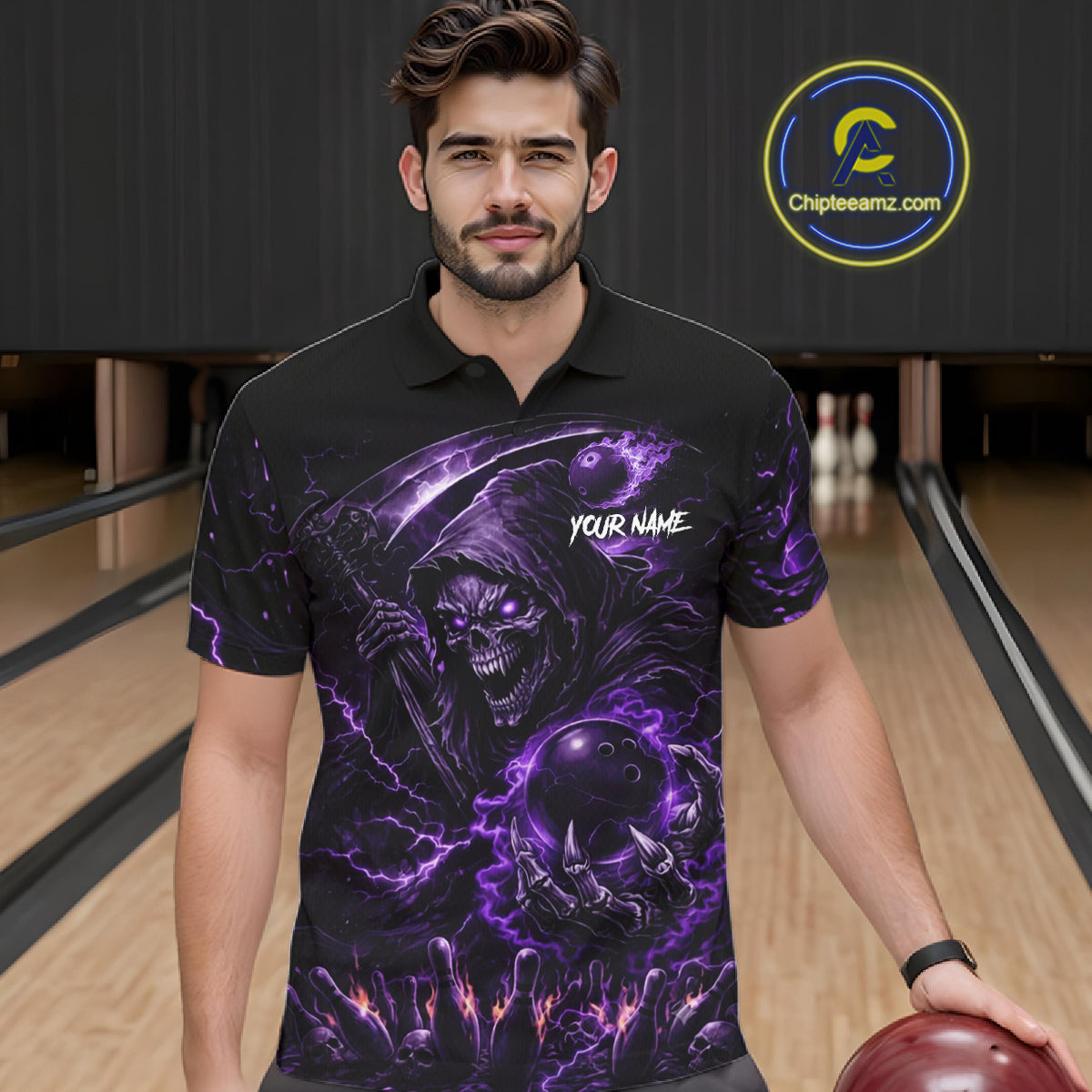 Flame Grim Reaper Bowling Shirt For Men Custom Purple Lightning Skull Bowling Team Jersey Bowler Gift NYN4592