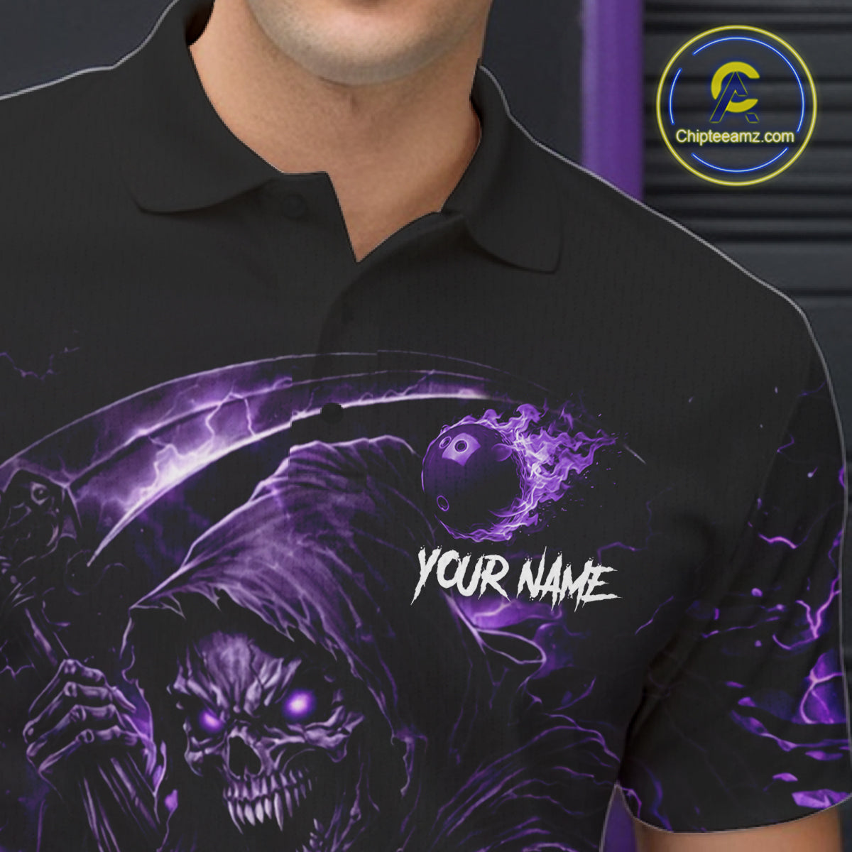 Flame Grim Reaper Bowling Shirt For Men Custom Purple Lightning Skull Bowling Team Jersey Bowler Gift NYN4592