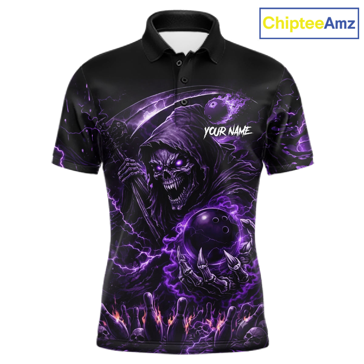 Flame Grim Reaper Bowling Shirt For Men Custom Purple Lightning Skull Bowling Team Jersey Bowler Gift NYN4592