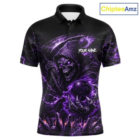 Flame Grim Reaper Bowling Shirt For Men Custom Purple Lightning Skull Bowling Team Jersey Bowler Gift NYN4592