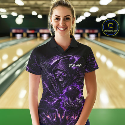 Flame Grim Reaper Bowling Shirt For Women Custom Purple Lightning Skull Bowling Team Jersey Bowler Gift NYN4592