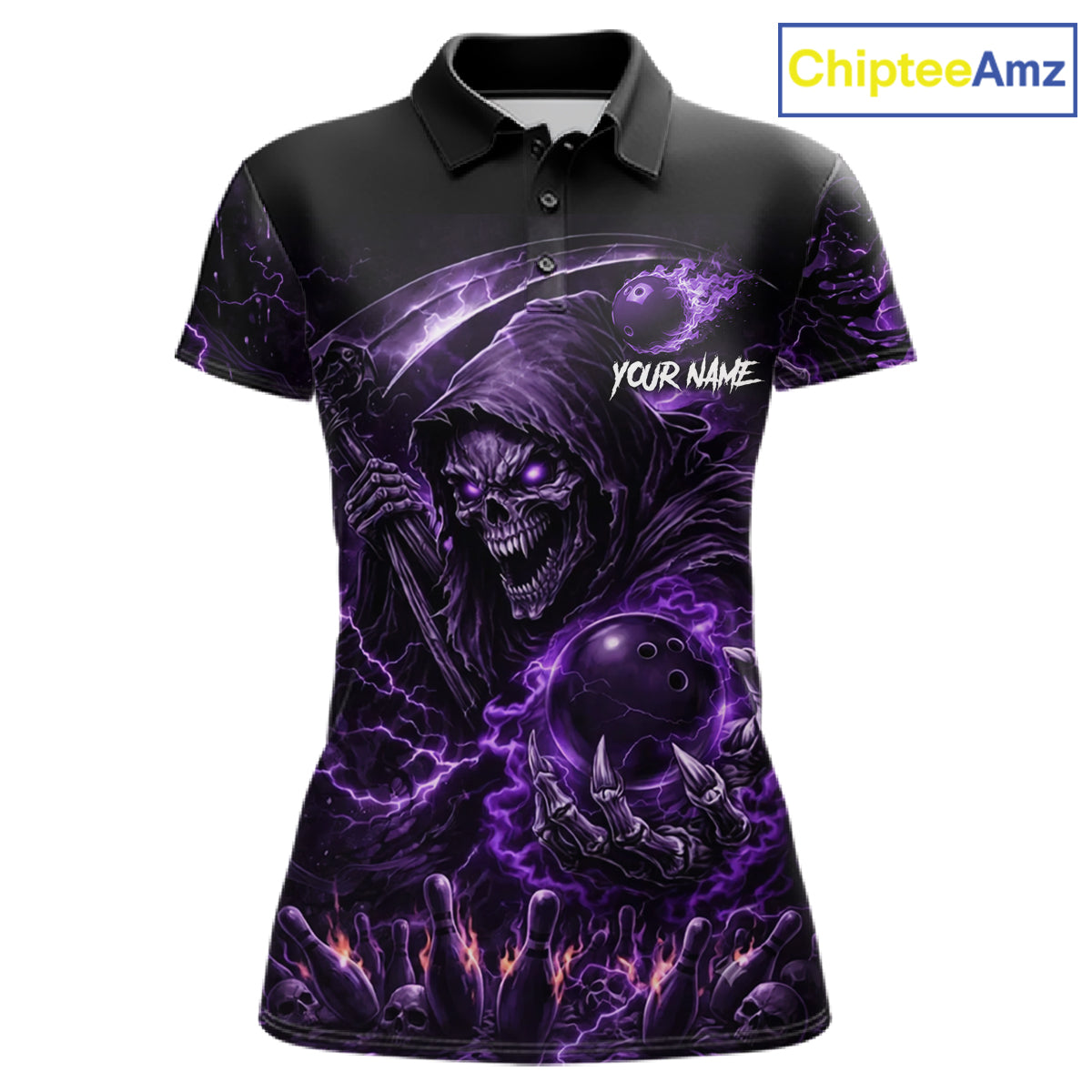Flame Grim Reaper Bowling Shirt For Women Custom Purple Lightning Skull Bowling Team Jersey Bowler Gift NYN4592
