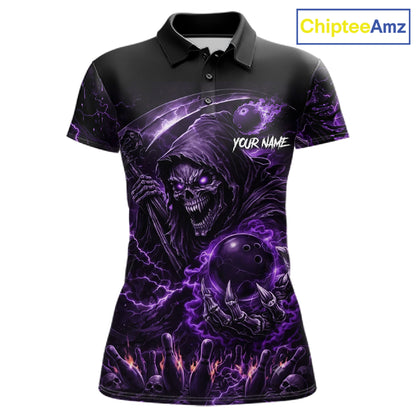 Flame Grim Reaper Bowling Shirt For Women Custom Purple Lightning Skull Bowling Team Jersey Bowler Gift NYN4592