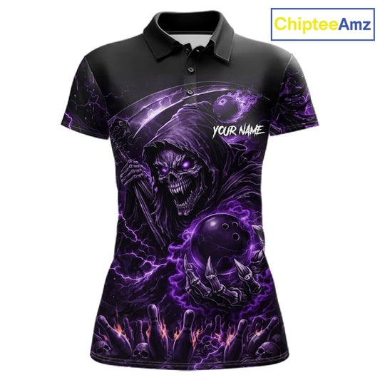Flame Grim Reaper Bowling Shirt For Women Custom Purple Lightning Skull Bowling Team Jersey Bowler Gift NYN4592