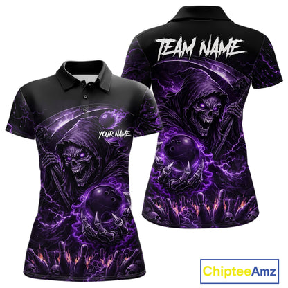 Flame Grim Reaper Bowling Shirt For Women Custom Purple Lightning Skull Bowling Team Jersey Bowler Gift NYN4592