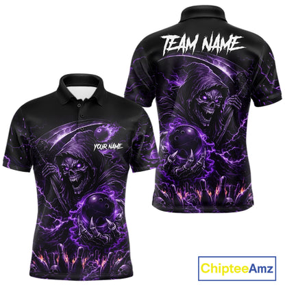 Flame Grim Reaper Bowling Shirt For Men Custom Purple Lightning Skull Bowling Team Jersey Bowler Gift NYN4592