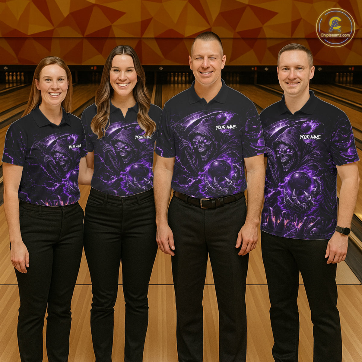 Flame Grim Reaper Bowling Shirt For Men Custom Purple Lightning Skull Bowling Team Jersey Bowler Gift NYN4592