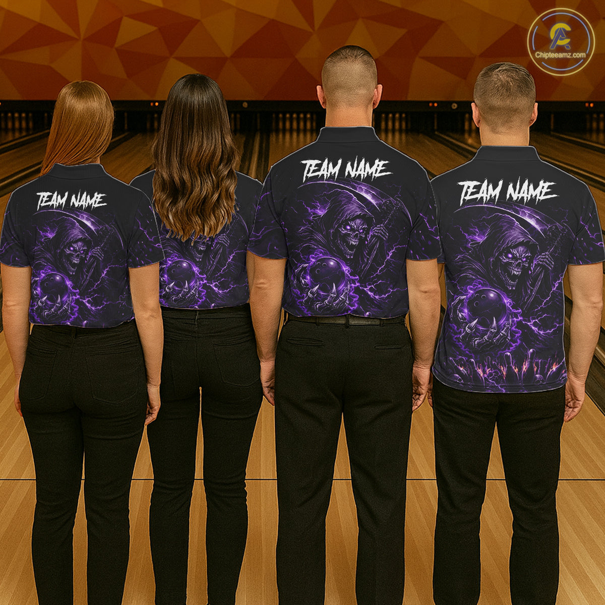 Flame Grim Reaper Bowling Shirt For Men Custom Purple Lightning Skull Bowling Team Jersey Bowler Gift NYN4592