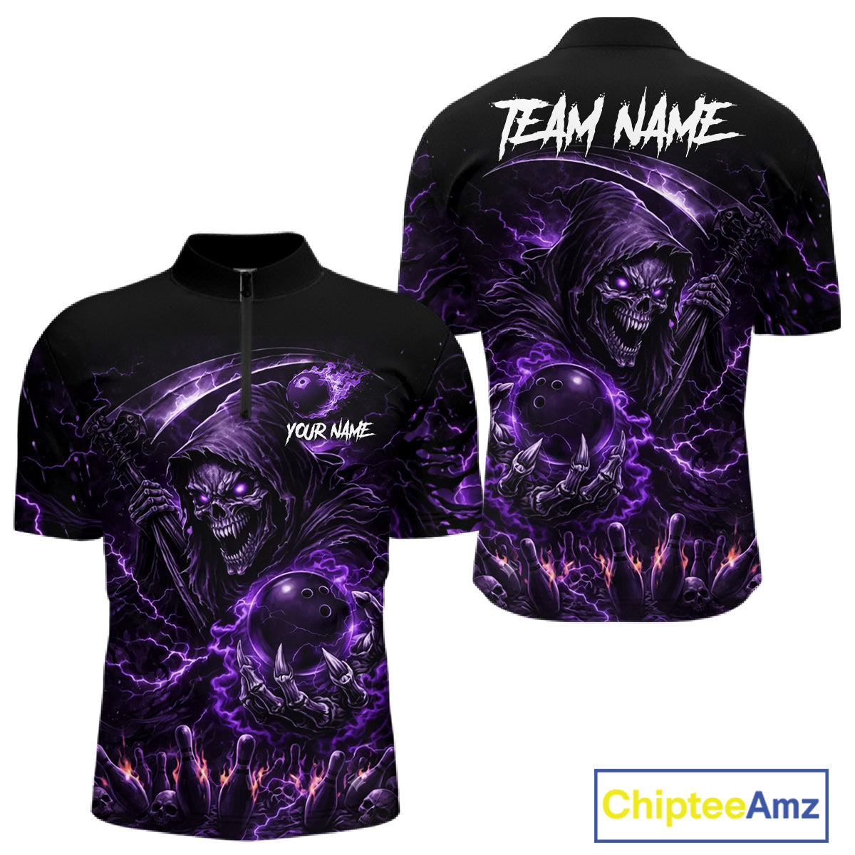Flame Grim Reaper Bowling Shirt For Men Custom Purple Lightning Skull Bowling Team Jersey Bowler Gift NYN4592