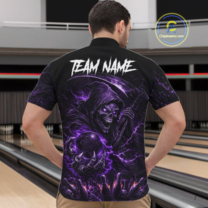 Flame Grim Reaper Bowling Shirt For Men Custom Purple Lightning Skull Bowling Team Jersey Bowler Gift NYN4592