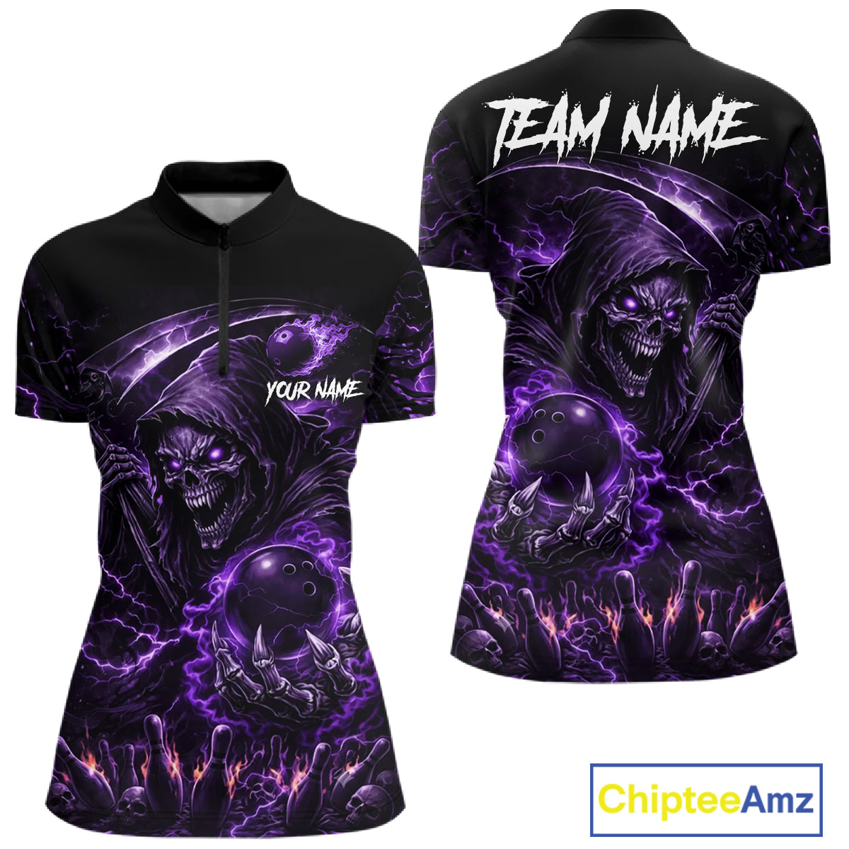 Flame Grim Reaper Bowling Shirt For Women Custom Purple Lightning Skull Bowling Team Jersey Bowler Gift NYN4592