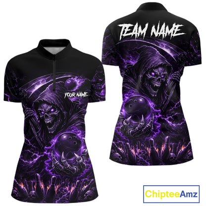 Flame Grim Reaper Bowling Shirt For Women Custom Purple Lightning Skull Bowling Team Jersey Bowler Gift NYN4592