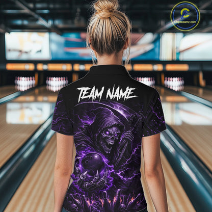 Flame Grim Reaper Bowling Shirt For Women Custom Purple Lightning Skull Bowling Team Jersey Bowler Gift NYN4592