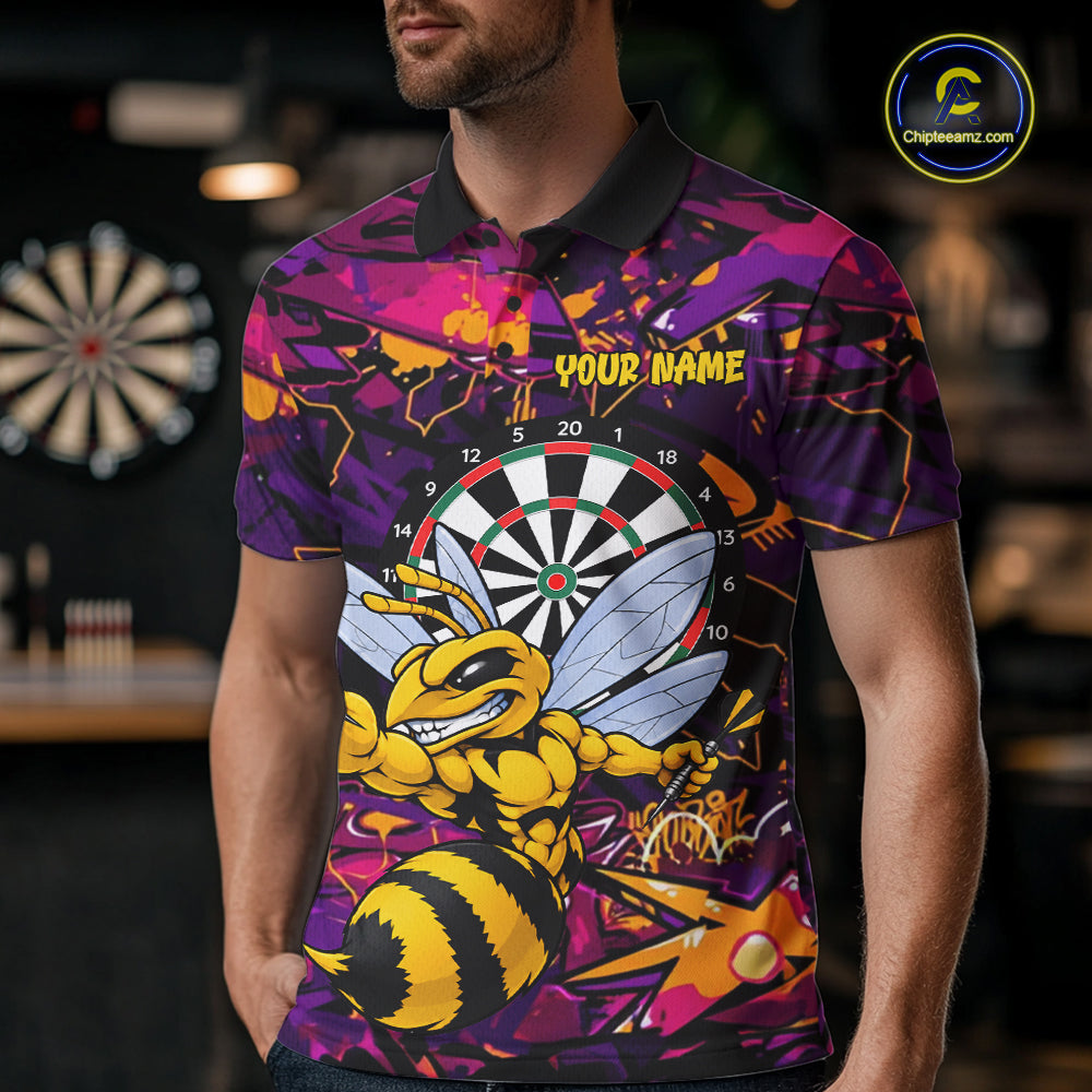 Funny Bee Darts Polo 14/-Zip Shirt For Men Personalized Angry Wasp Bee Dartboard Darts Team Jersey NYN4595
