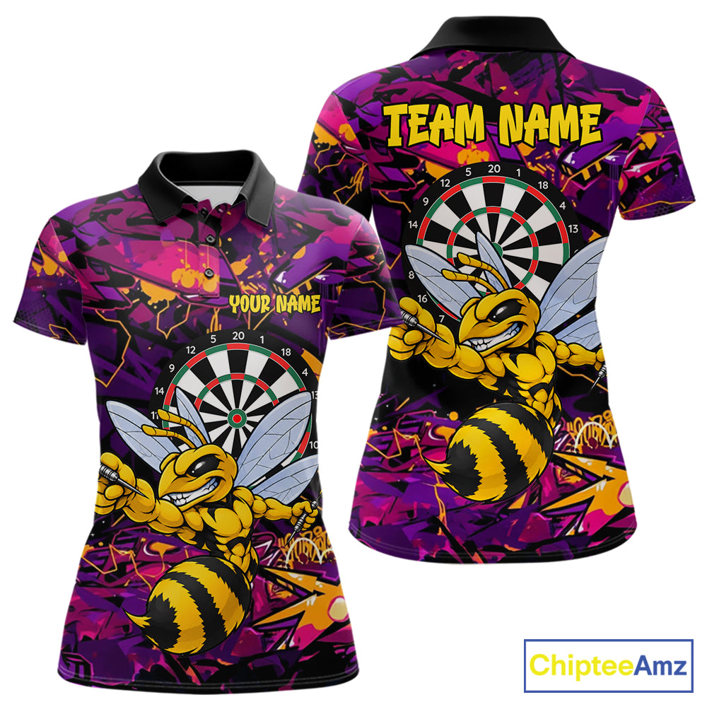 Funny Bee Darts Polo 14/-Zip Shirt For Women Personalized Angry Wasp Bee Dartboard Darts Team Jersey NYN4595