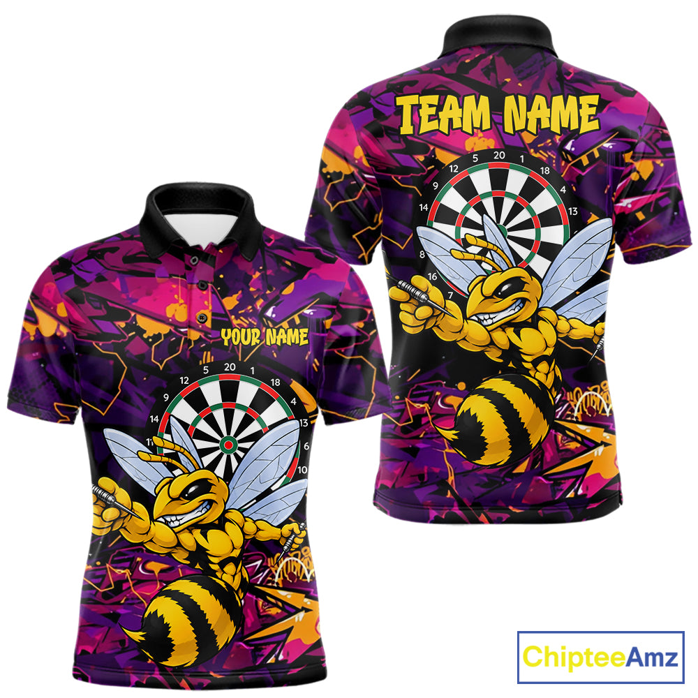 Funny Bee Darts Polo 14/-Zip Shirt For Men Personalized Angry Wasp Bee Dartboard Darts Team Jersey NYN4595