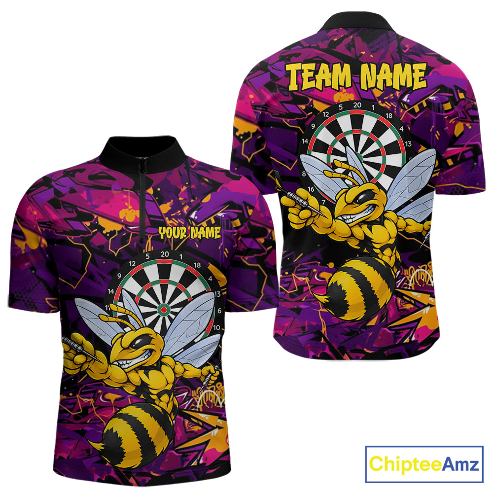 Funny Bee Darts Polo 14/-Zip Shirt For Men Personalized Angry Wasp Bee Dartboard Darts Team Jersey NYN4595