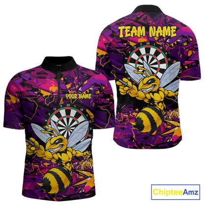 Funny Bee Darts Polo 14/-Zip Shirt For Men Personalized Angry Wasp Bee Dartboard Darts Team Jersey NYN4595