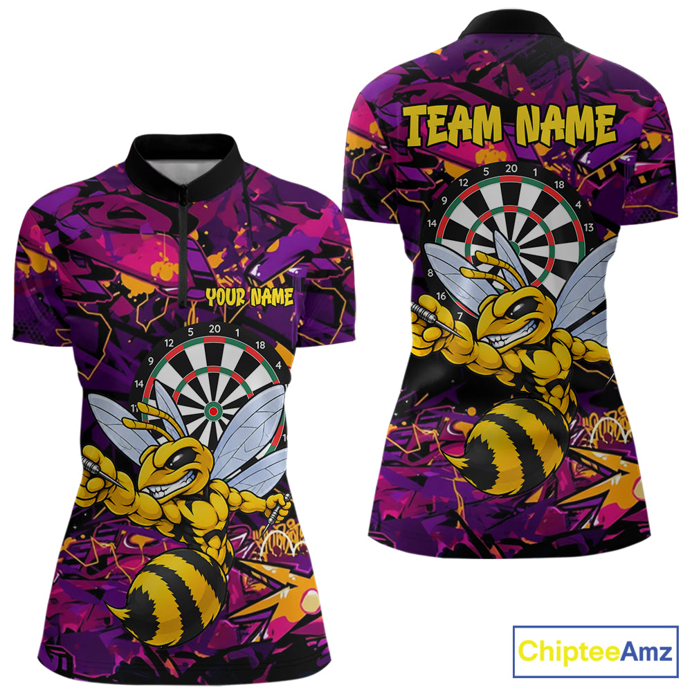 Funny Bee Darts Polo 14/-Zip Shirt For Women Personalized Angry Wasp Bee Dartboard Darts Team Jersey NYN4595
