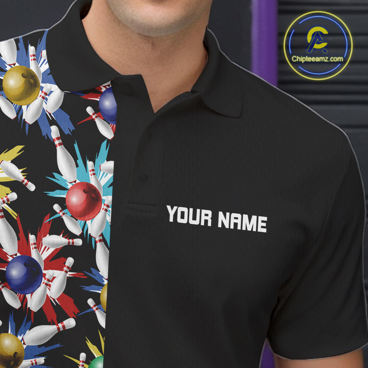 Colorful Bowling Polo 1/4-Zip Shirt Men Custom Red Bowling Ball And Pins Jersey Bowling Shirt NYN4596