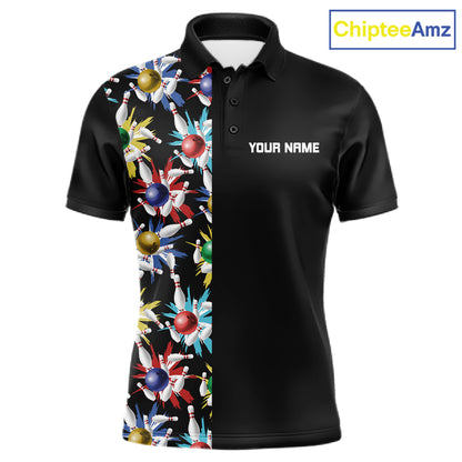 Colorful Bowling Polo 1/4-Zip Shirt Men Custom Red Bowling Ball And Pins Jersey Bowling Shirt NYN4596