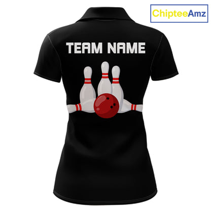 Colorful Bowling Polo 1/4-Zip Shirt Women Custom Red Bowling Ball And Pins Jersey Bowling Shirt NYN4596