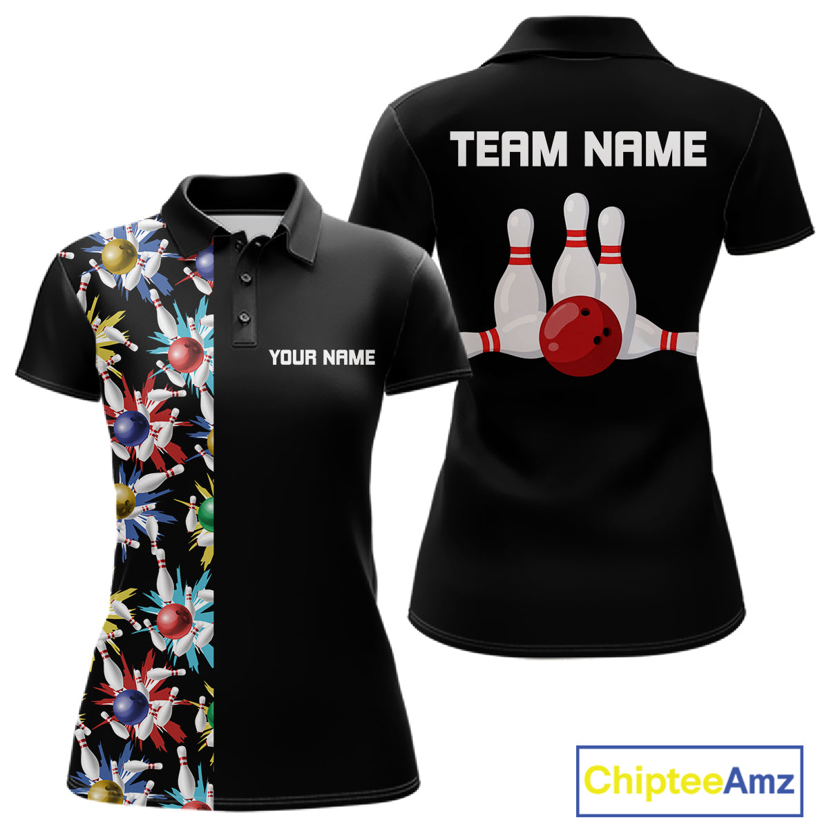Colorful Bowling Polo 1/4-Zip Shirt Women Custom Red Bowling Ball And Pins Jersey Bowling Shirt NYN4596
