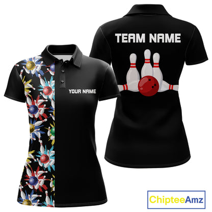 Colorful Bowling Polo 1/4-Zip Shirt Women Custom Red Bowling Ball And Pins Jersey Bowling Shirt NYN4596
