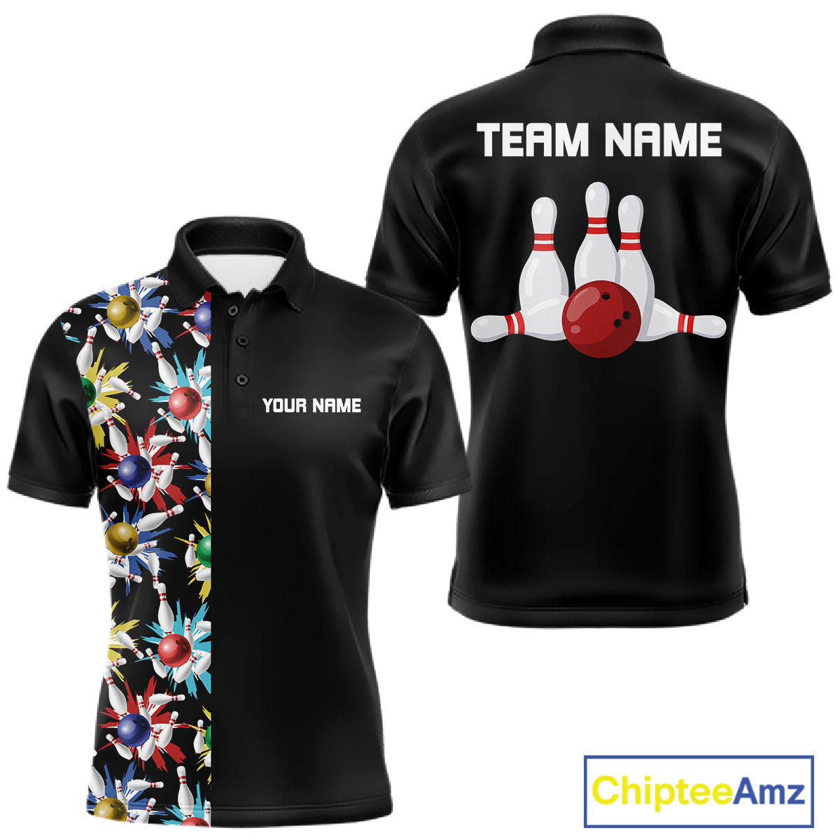 Colorful Bowling Polo 1/4-Zip Shirt Men Custom Red Bowling Ball And Pins Jersey Bowling Shirt NYN4596