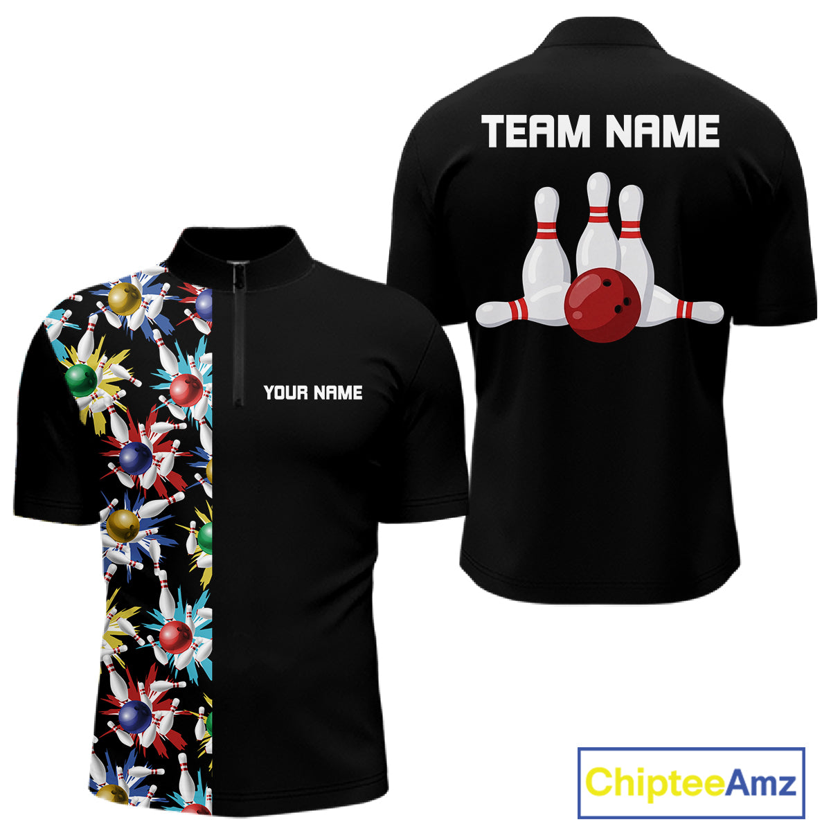 Colorful Bowling Polo 1/4-Zip Shirt Men Custom Red Bowling Ball And Pins Jersey Bowling Shirt NYN4596