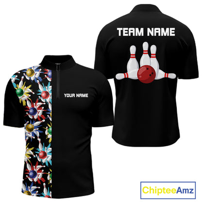 Colorful Bowling Polo 1/4-Zip Shirt Men Custom Red Bowling Ball And Pins Jersey Bowling Shirt NYN4596