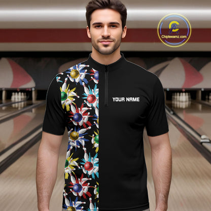Colorful Bowling Polo 1/4-Zip Shirt Men Custom Red Bowling Ball And Pins Jersey Bowling Shirt NYN4596
